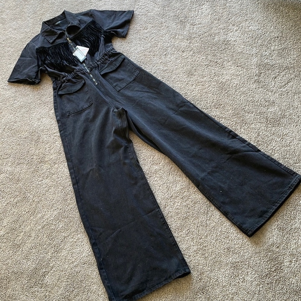 Vintage Nasty Gal Denim Black Overall Jumpsuit With Fringe